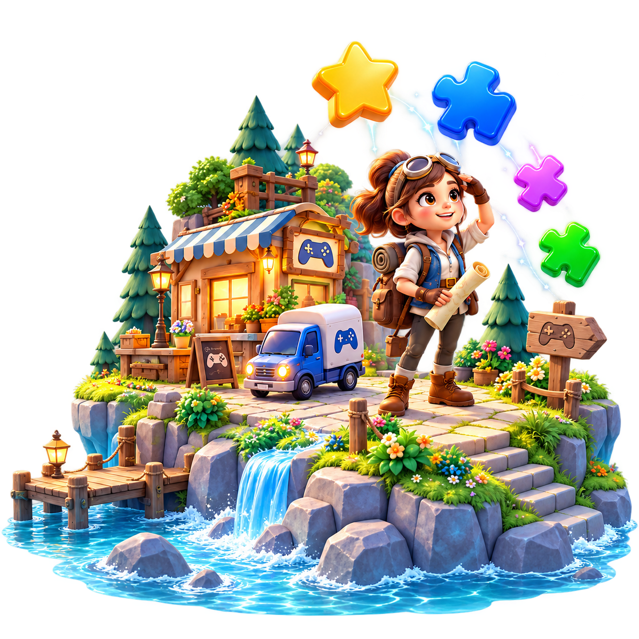 A playful 3D island with an explorer, a miniature shop,
                    a delivery van, and colourful puzzle pieces.