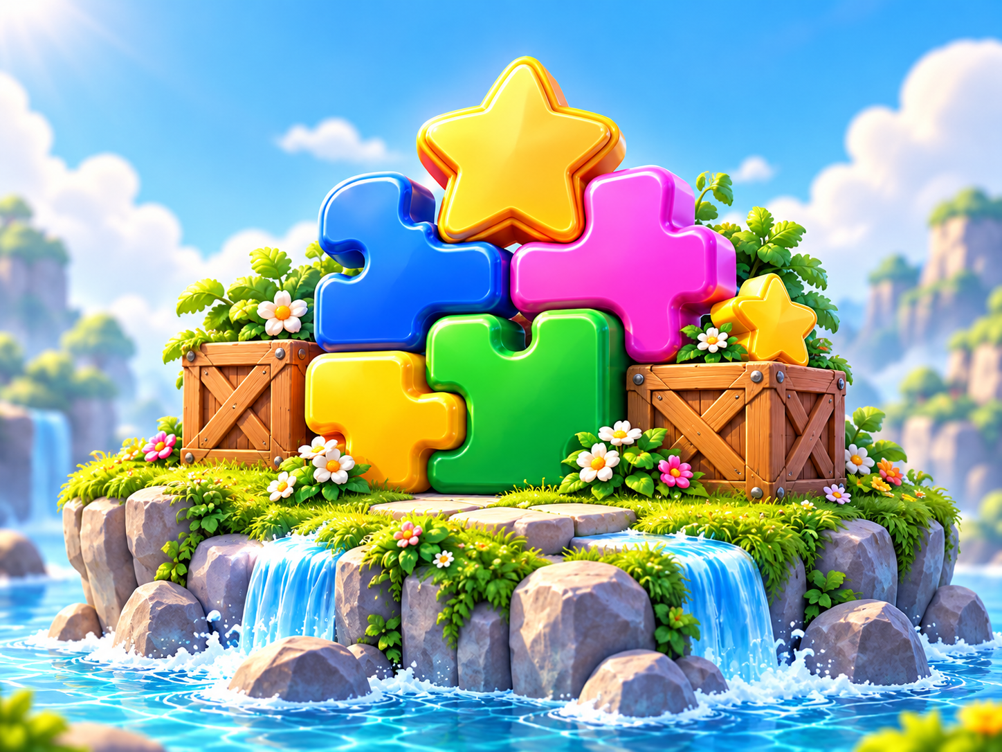 Illustrative puzzle game concept with colourful pieces.